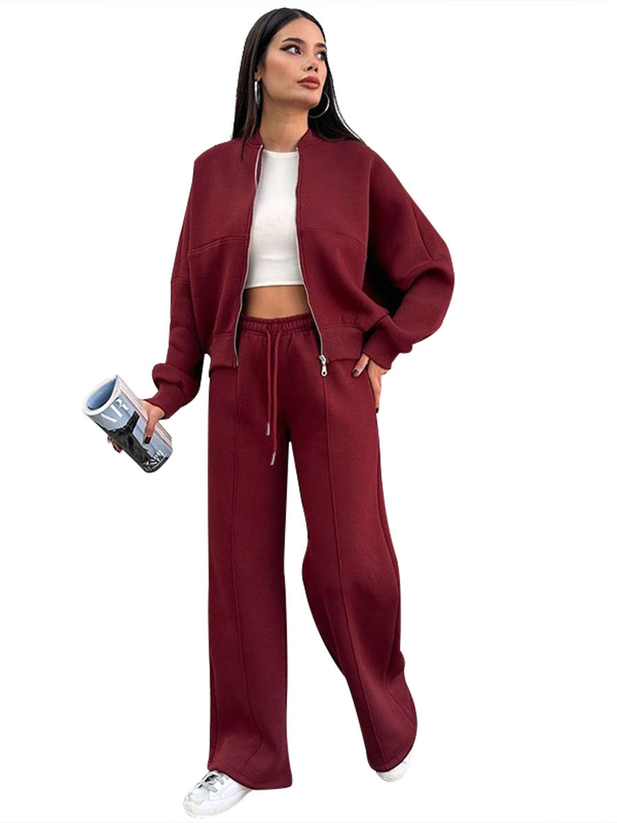 Women's Zippered Cardigan Sweatshirt and Straight Pants Suit