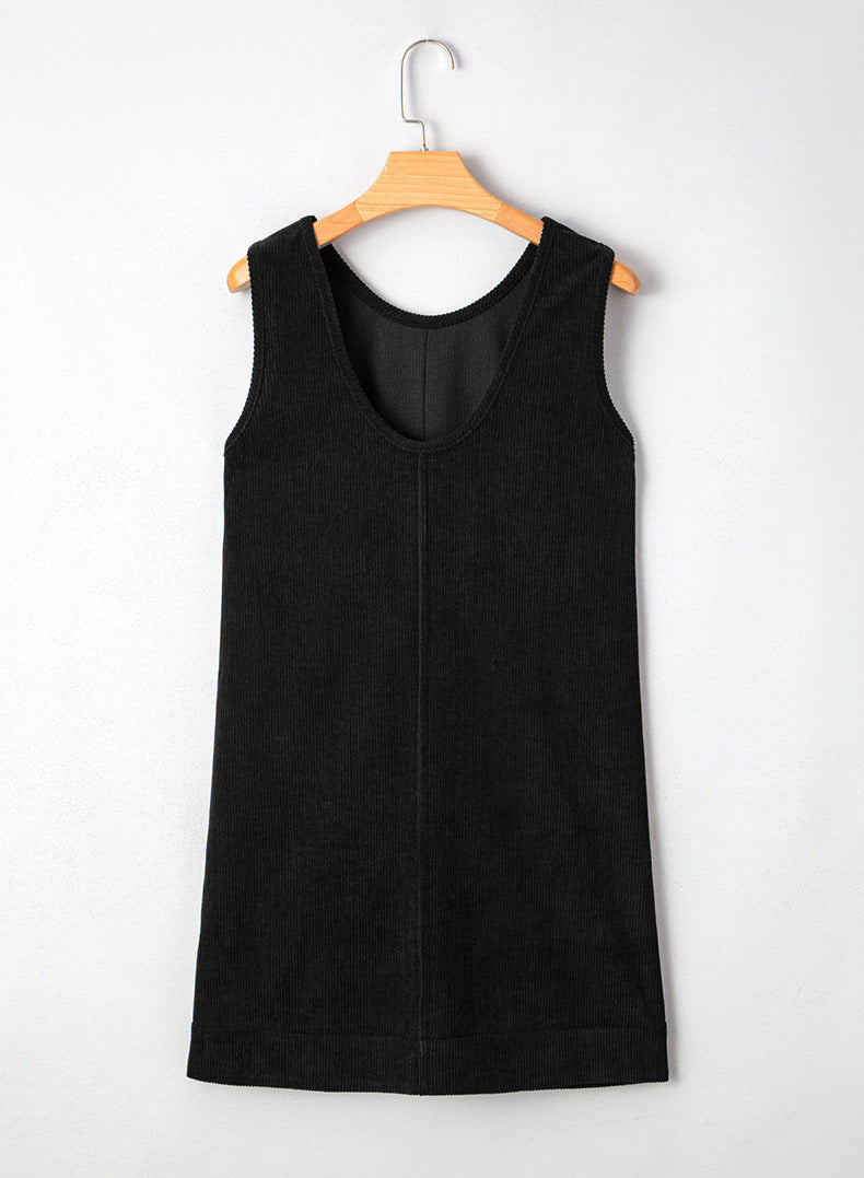Corduroy Sleeveless Mini Dress With Patched Pockets