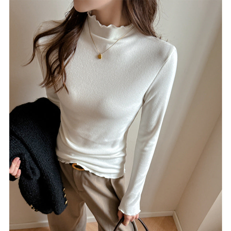 Ribbed Knit Lettuce Trim Long Sleeve Mock Neck Top