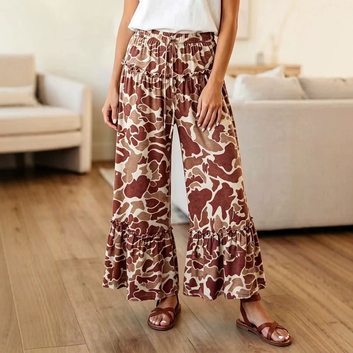 Camo Print Wide Leg Casual Pants