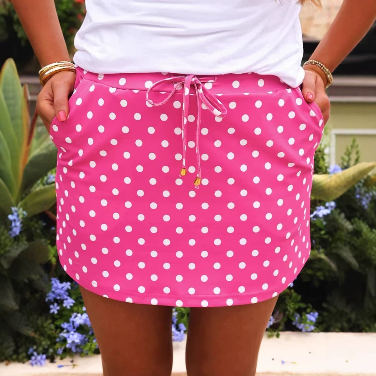Polka Dot Drawstring Casual Mini Skort