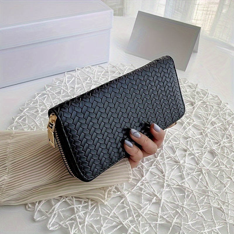 Vagan Leather Woven Zip-Around Clutch Wallet