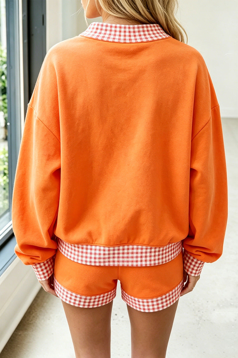 Gingham Trim Baggy Pullover 2pcs Short Set