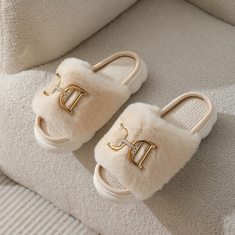 Double D Detail Faux Fur Winter Comfort Slippers