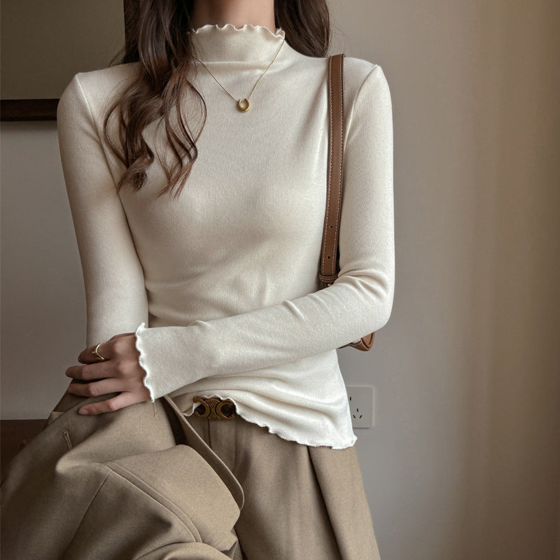 Ribbed Knit Lettuce Trim Long Sleeve Mock Neck Top