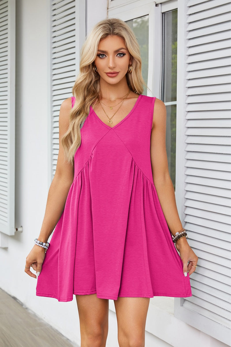 V-neck Sleeveless Pleated Pocket Dress