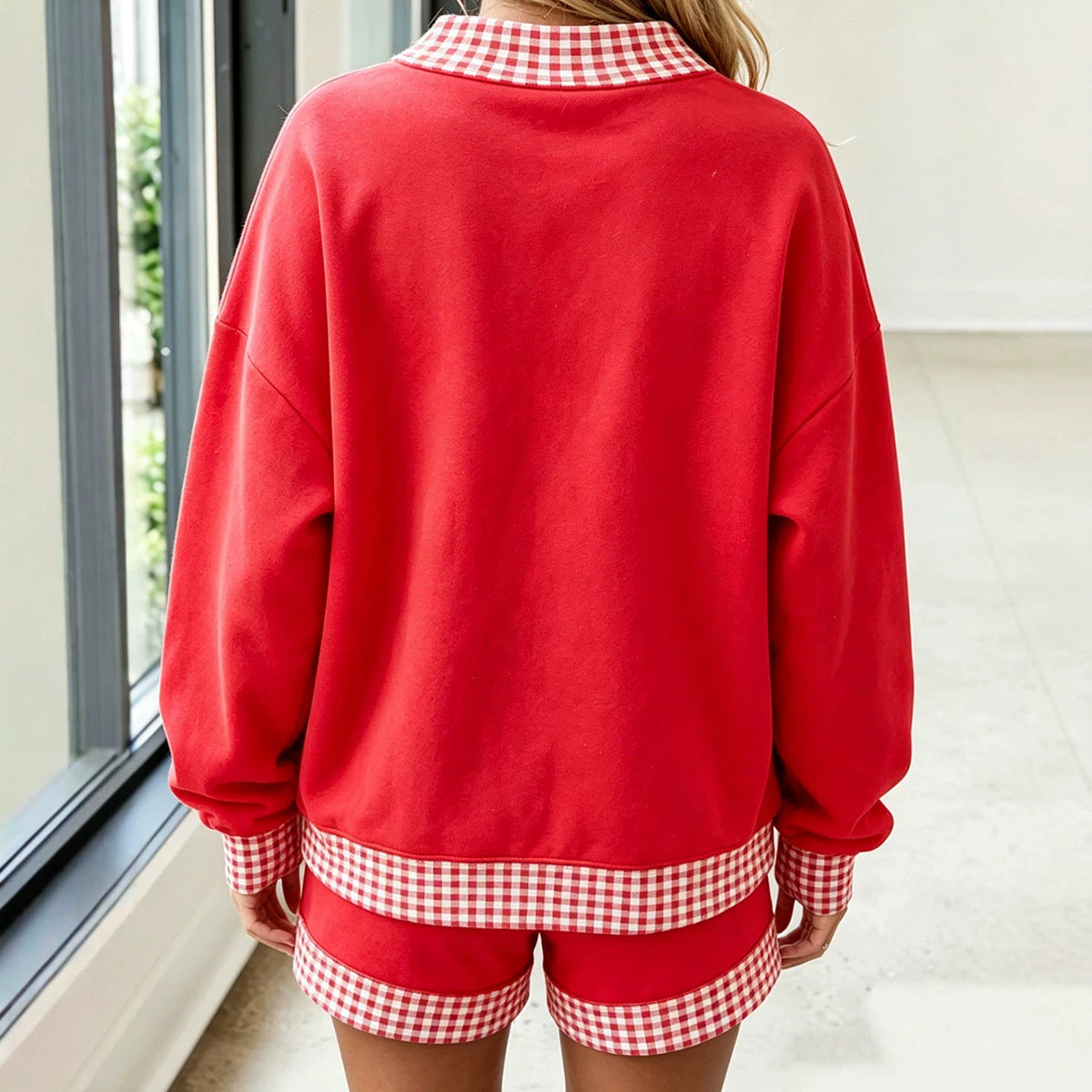 Gingham Trim Baggy Pullover 2pcs Short Set