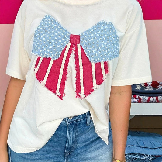 White Loose Knit Vintage Flag Bow Patched T Shirt