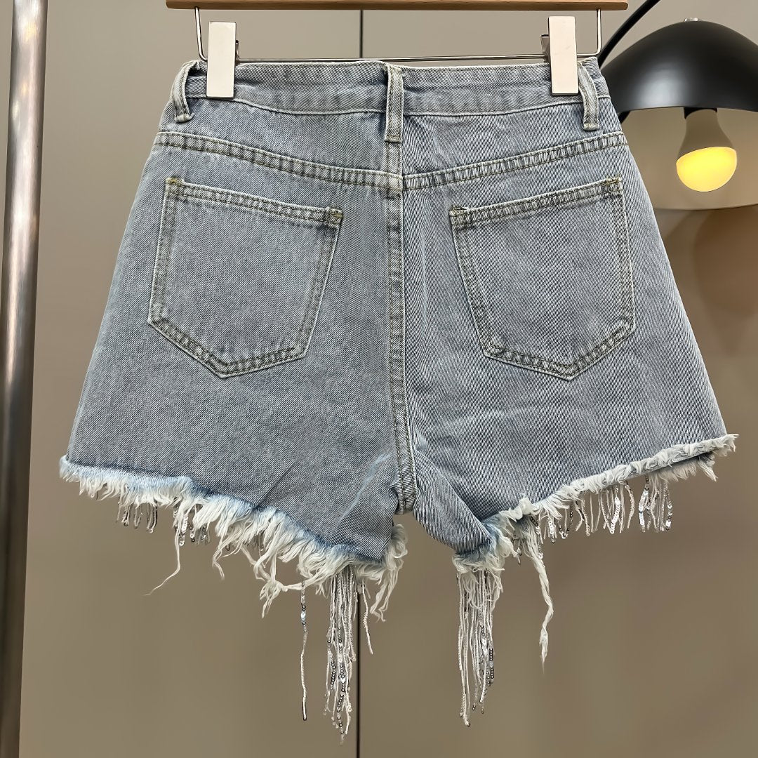 Fringed Rhinestone High-rise Denim Shorts