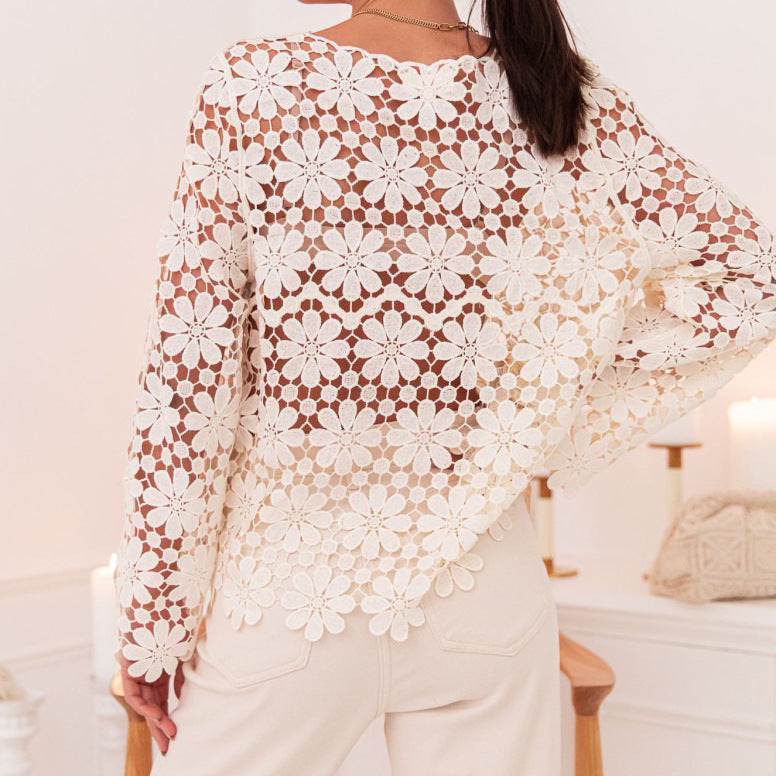 Floral Crochet Cutout Long Sleeve Blouse