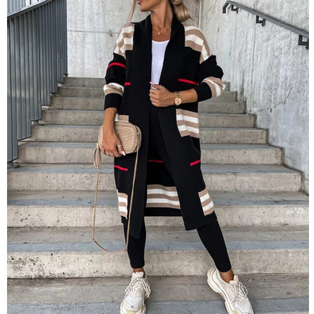 Striped Open Front Longline Sweater Cardigan