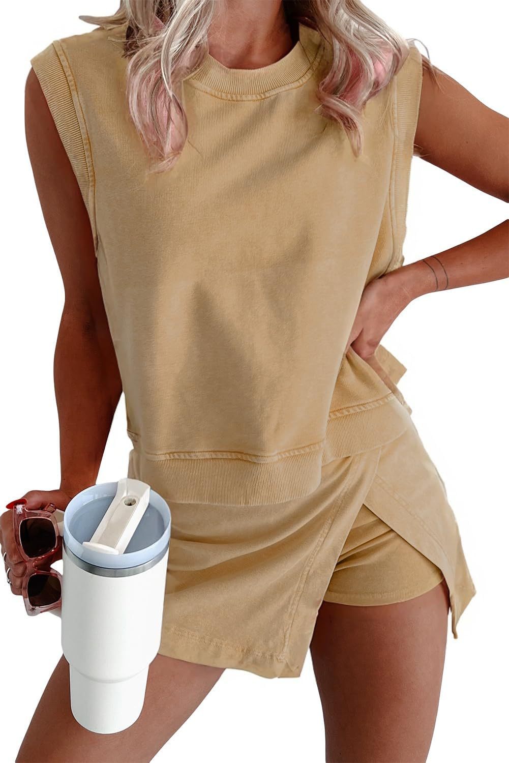 Two Pieces Mineral Wash Cotton Tank Top Lined Split Athletic Skirt Set
