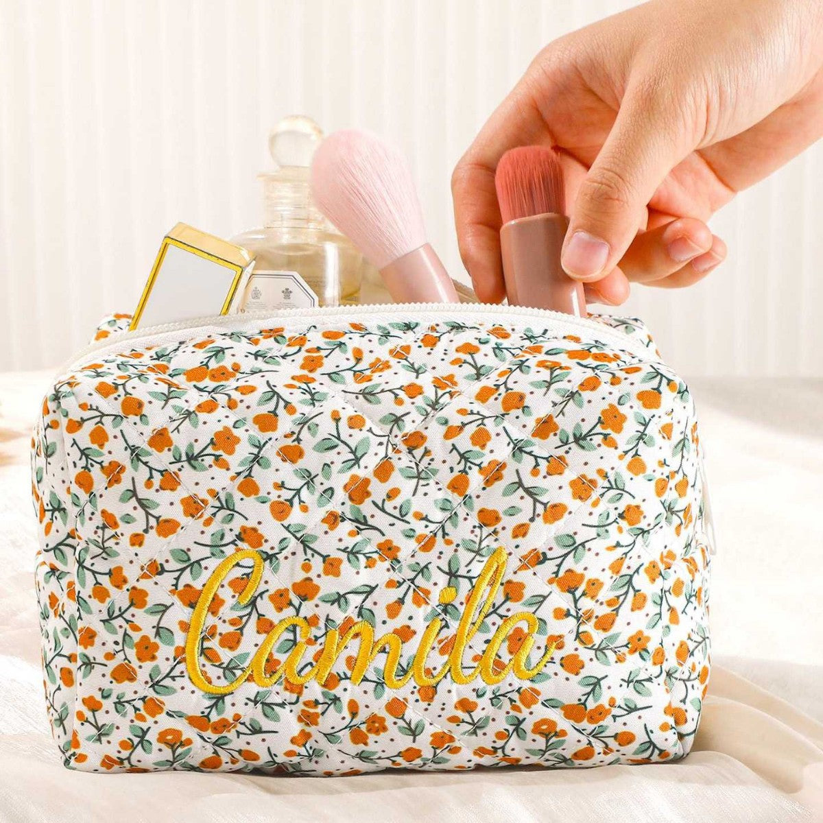 Custom Embroidered Floral Quilted Cosmetic Bag