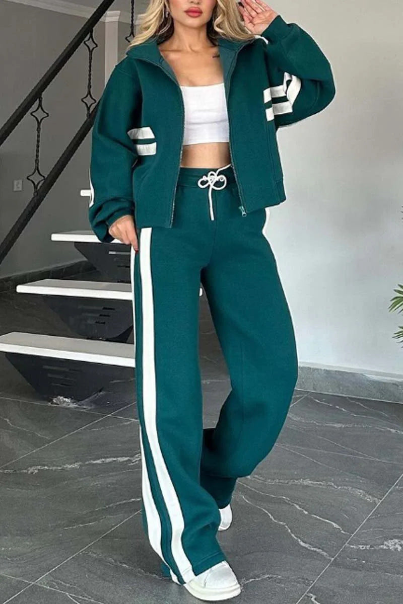 Striped Zipper Top Jacket Casual Sports Suit Women