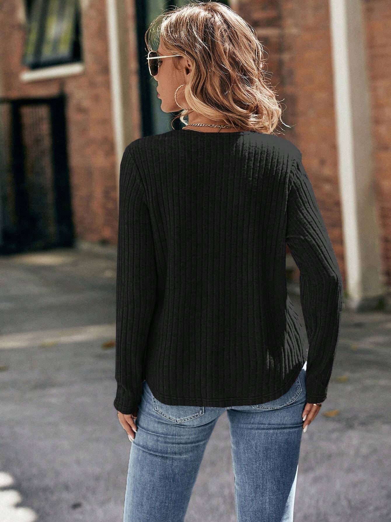 Ribbed Brushed Lace Long-sleeve Top