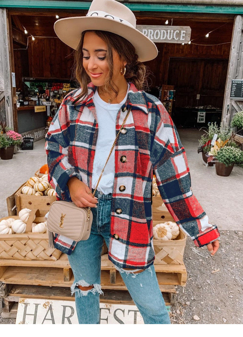 Long-sleeved Lapel Loose-fitting Women's Plaid Shirt