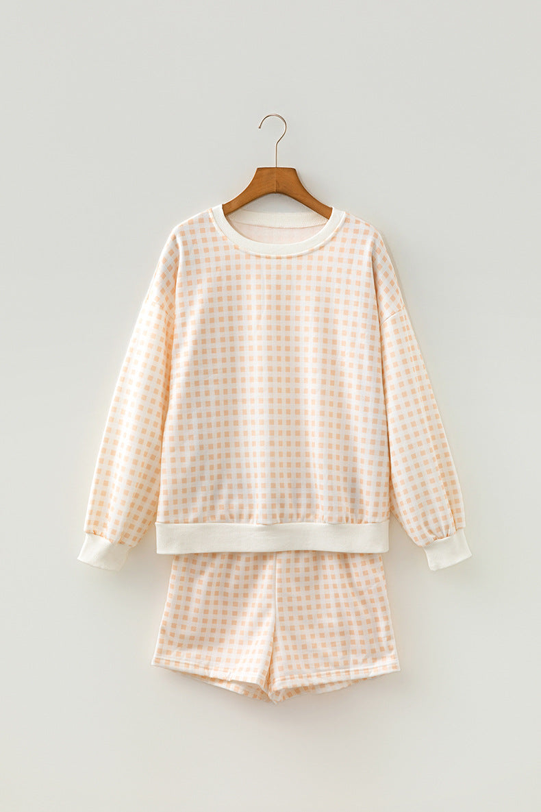 Plaid Baggy Pullover Drawstring Casual Shorts 2pcs Outfit