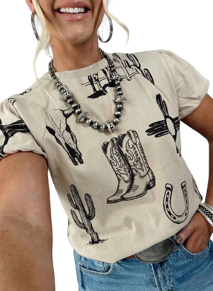 Beige Retro Western Print T Shirt