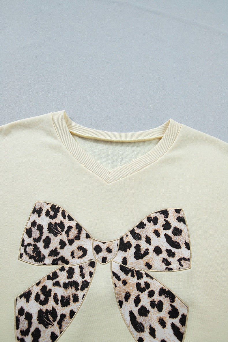 Contrast Leopard Bow Patched V Neck Loose Tee Drawstring Shorts 2pcs Outfit