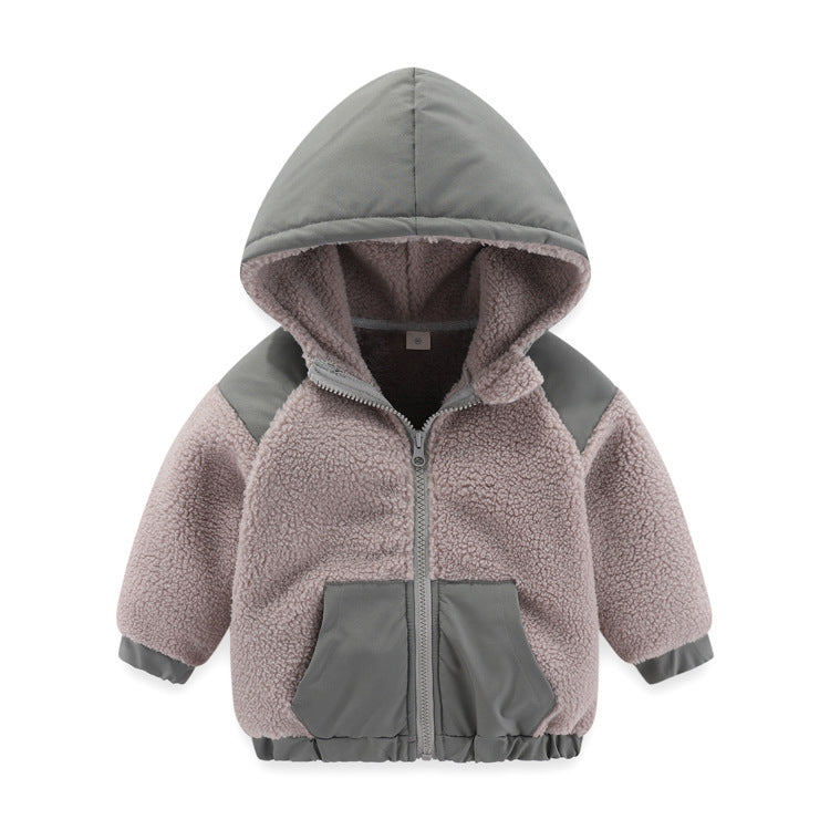 Children's cotton-padded embroidered hooded color-blocked jacket