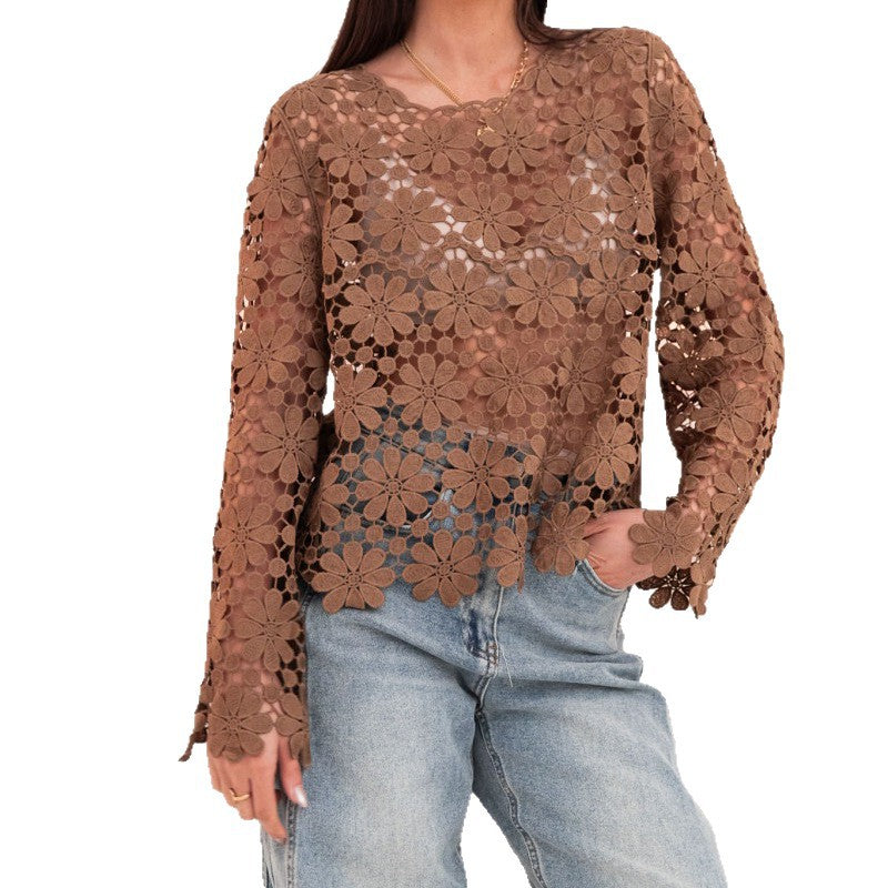 Floral Crochet Cutout Long Sleeve Blouse