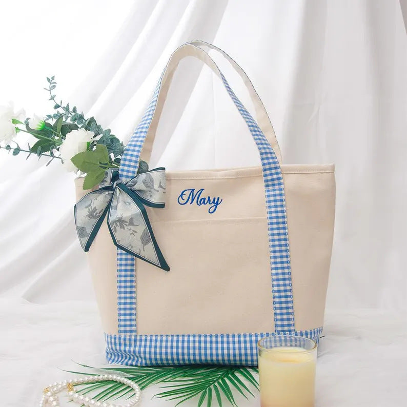 Custom Name Gingham Trimmed Tote