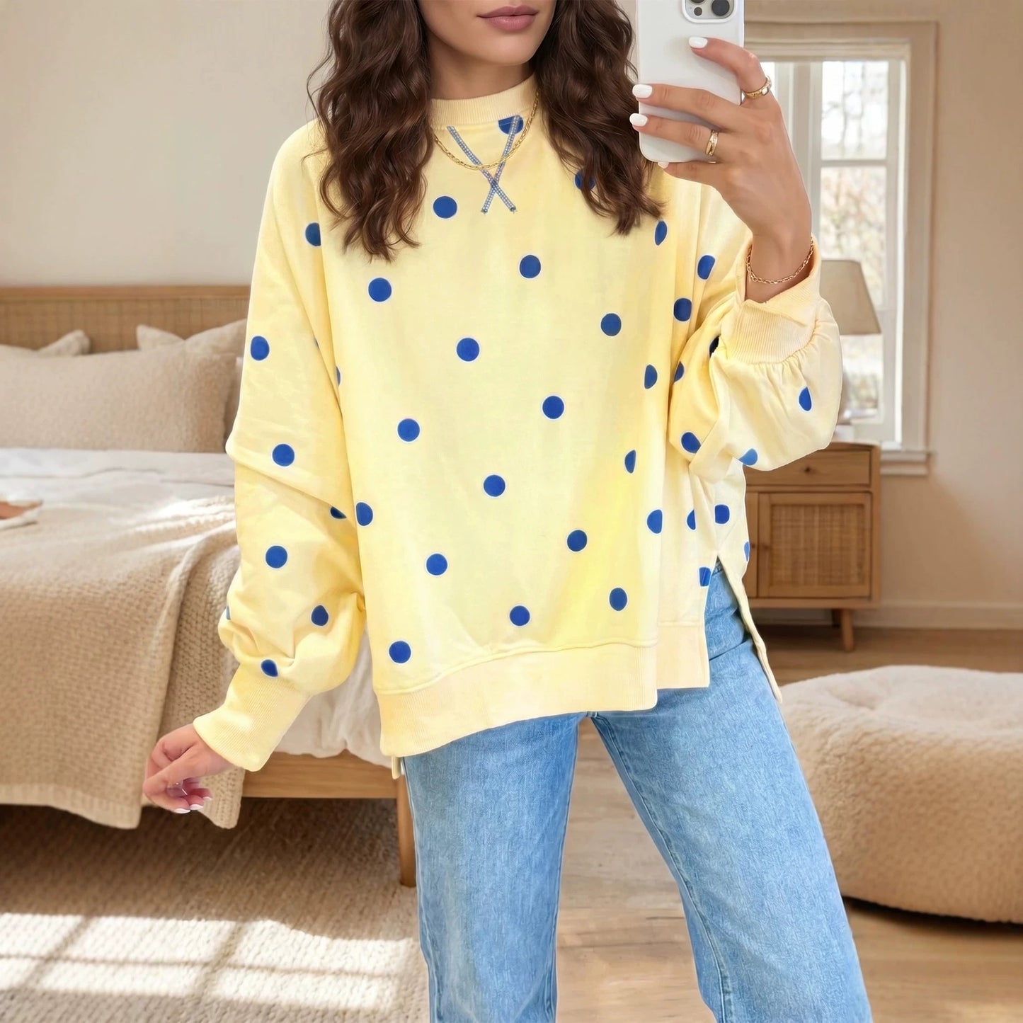 Oversized Color-Block Polka-Dot Print Pullover Sweatshirt