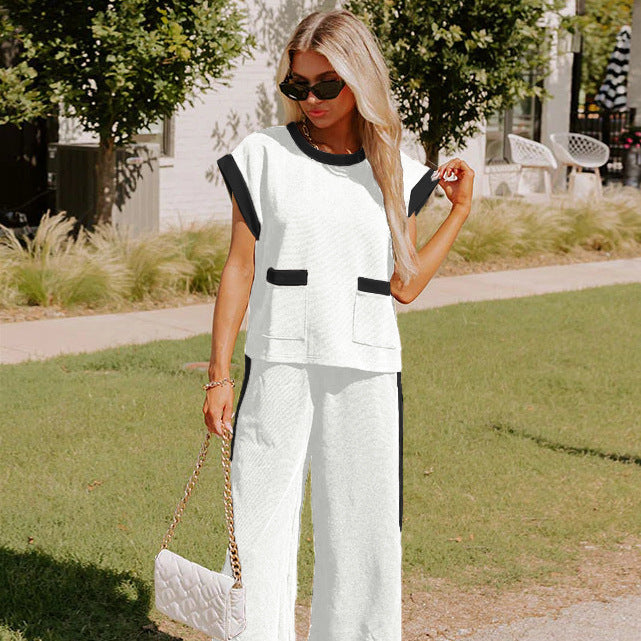 Color Block Pocketed T Shirt and Wide Leg Pants Set