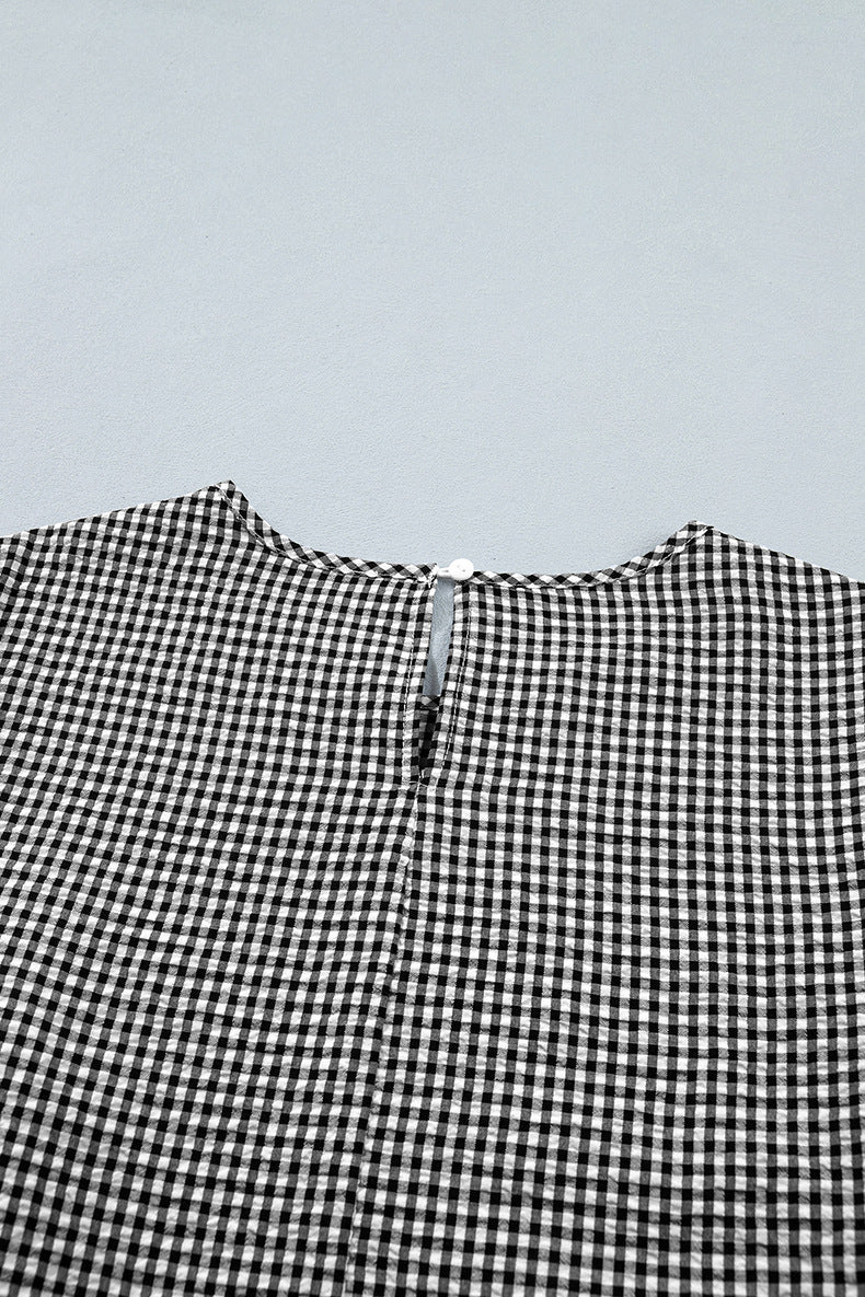 Black Plaid Bow Ruffled Half Sleeve Round Neck Blouse