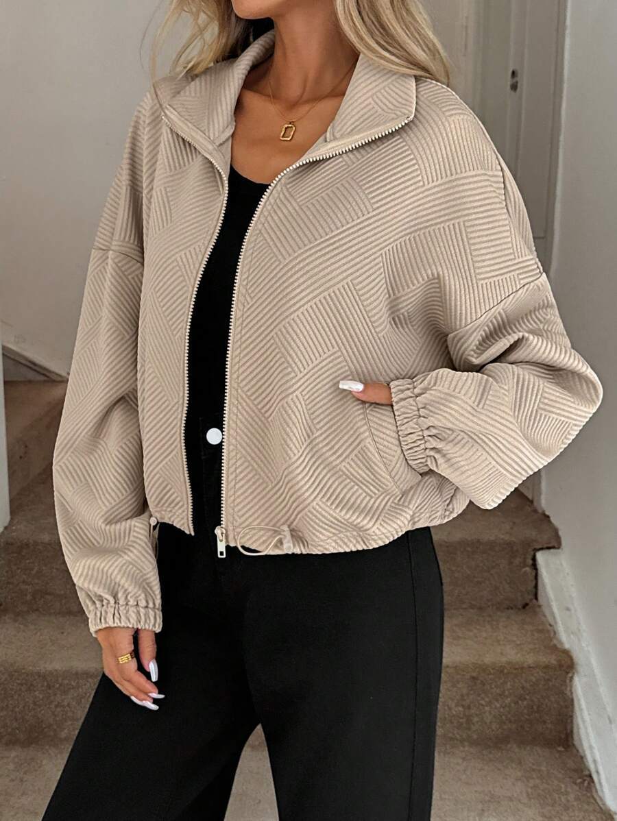 Chic Geometric Textured Zip Up Jacket