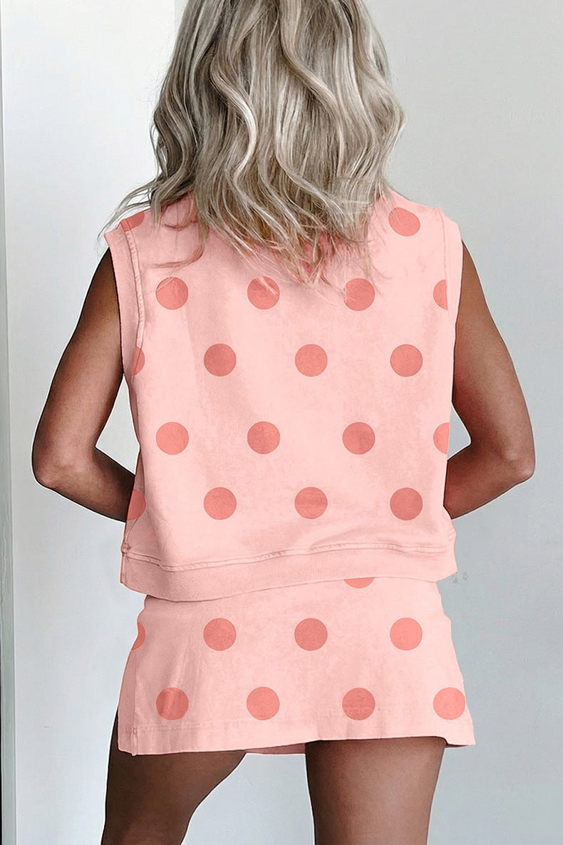 Trim Polka Dot Print Tank Split Mini Skort 2pcs Set