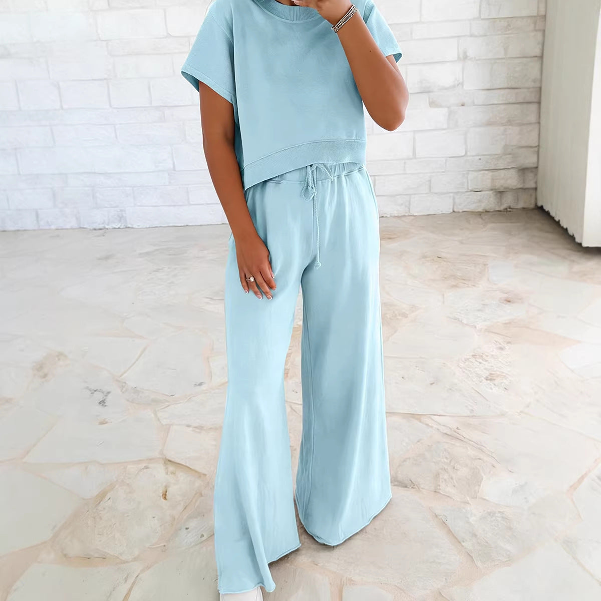 Solid Color Loose Tee Drawstring Wide Leg Pants 2pcs Outfit