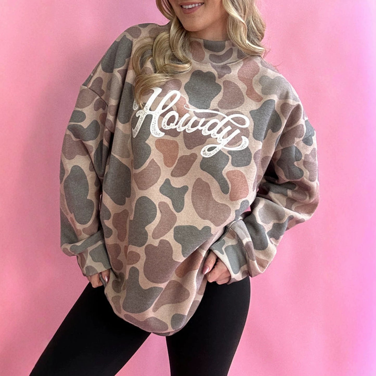 Multicolour Camo Print Howdy Western Style Baggy Pullover Sweatshirt