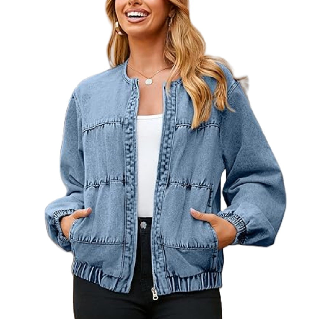 Women's Light Blue Round Neck Zipper Denim Jacket