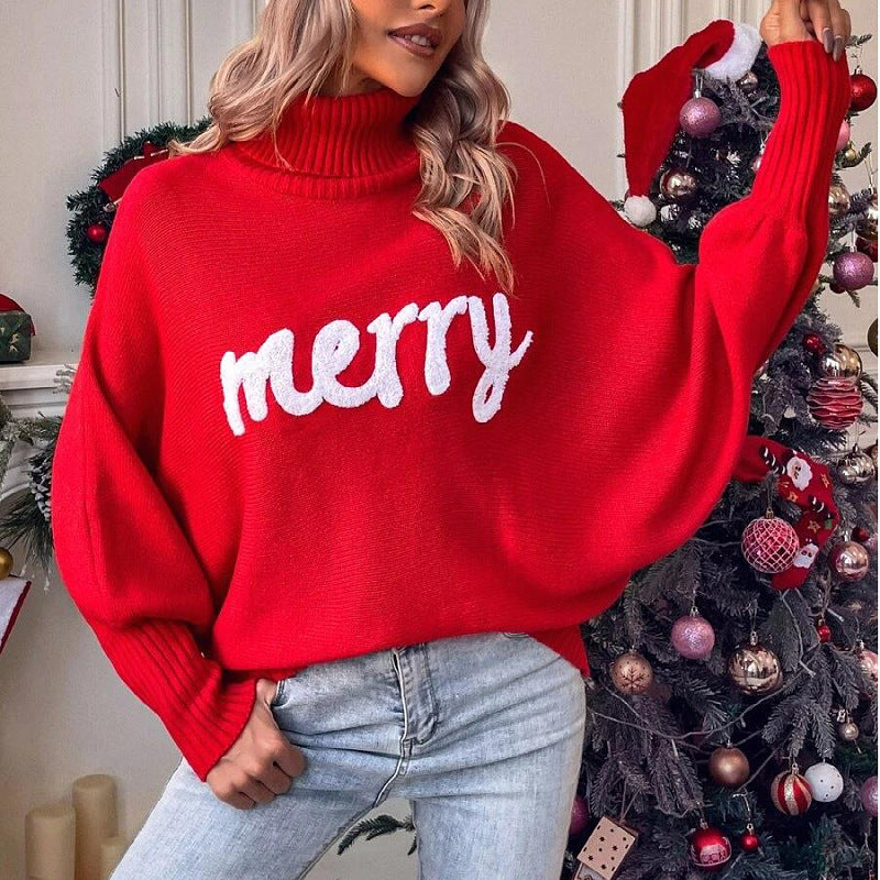 Turtle Neck Batwing Sleeve Merry Christmas Sweater