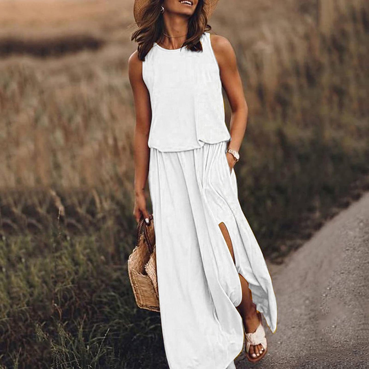 Round Neck Sleeveless Slit Dress