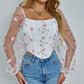 Floral Embroidery Off Shoulder Lantern Sleeve Curved Hem Top