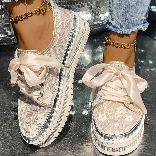 Ribbon Tie Stitch Detail Lace Flat Shoes
