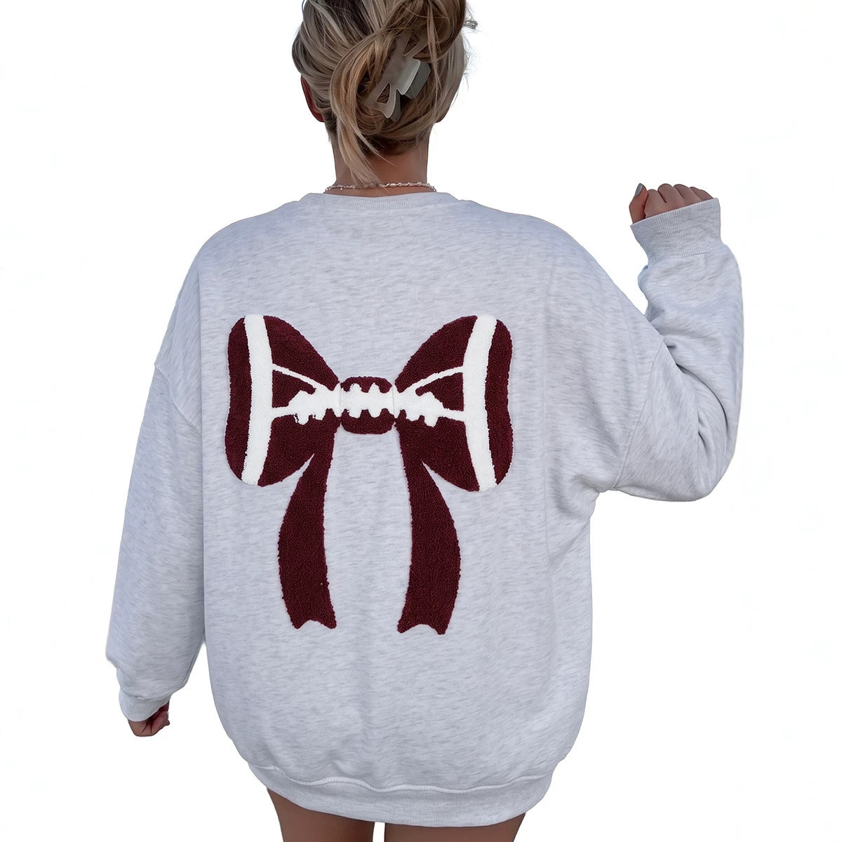 Gray Chenille Embroidered Rugby Bow Game Day Oversized Sweatshirt
