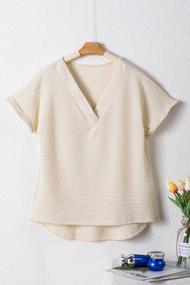 Bright Pink Textured Wide Sleeve V Neck T Shirt
