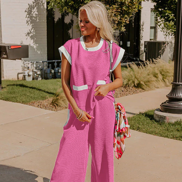 Color Block Pocketed T Shirt and Wide Leg Pants Set