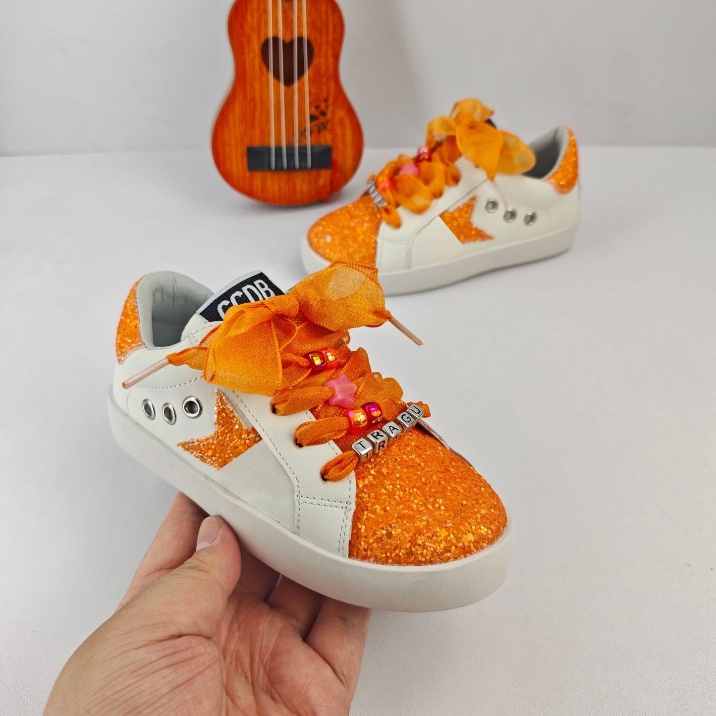 Glitter Star Orange Organza Laced Sneakers
