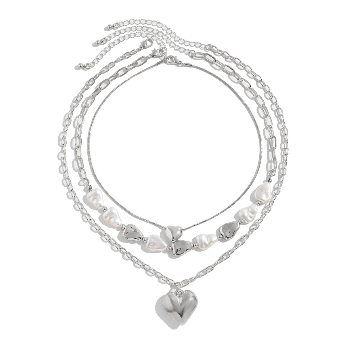 Plated Layered Heart Pendant Irregular Pearl Layered Necklace