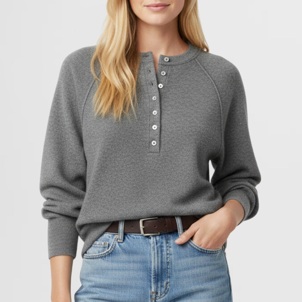 Crew Neck Button Front Knit Pullover