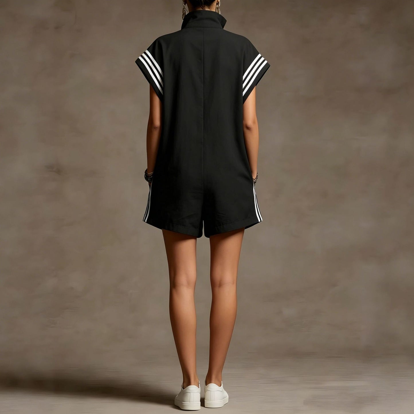 Loose Sleeveless Drawstring Pockets Split-Joint Striped Zipper Stand Collar Rompers