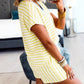 Stripe Colorblock Trim V Neck Tee Drawstring Elastic Waist Short Set