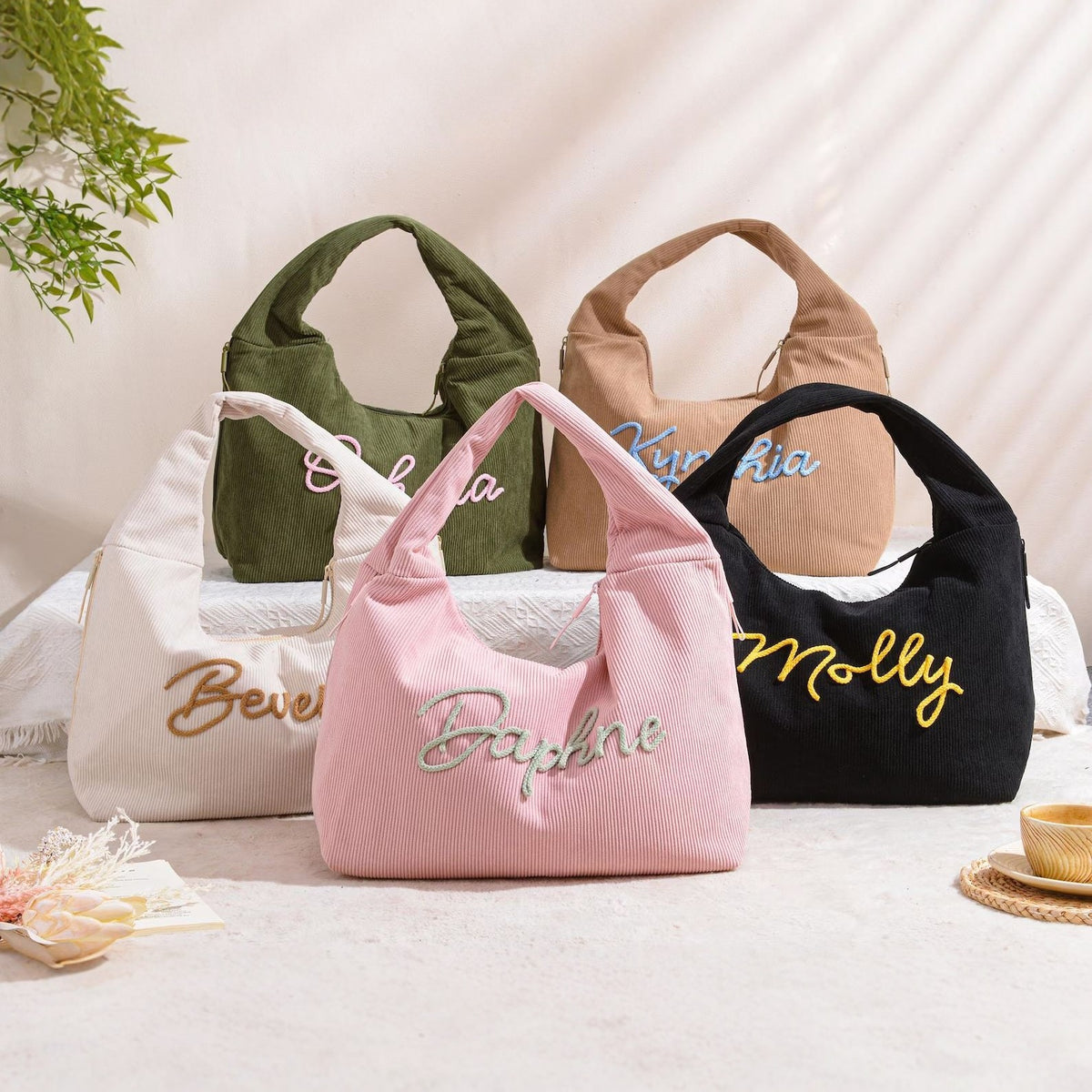 Personalized Corduroy Hobo Shoulder Bag Custom Name Embroidery Tote