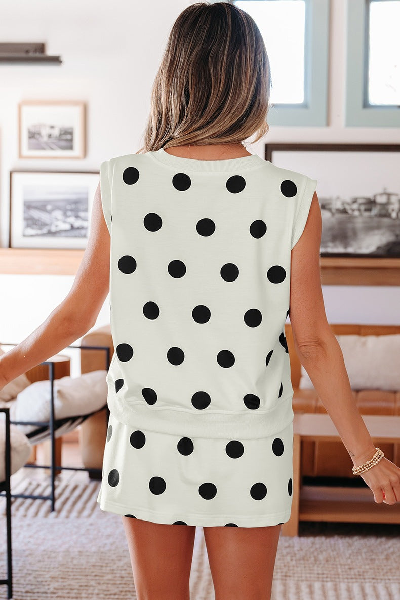 Trim Polka Dot Print Tank Split Mini Skort 2pcs Set