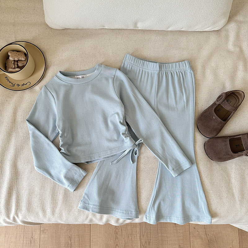 Girls' slim-fit solid color top and flared pants suit