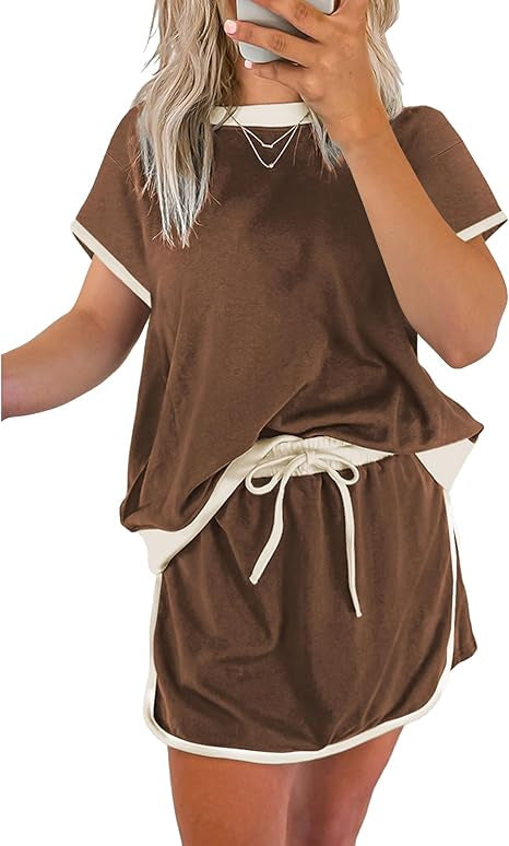 2Pcs Set Colorblock Edge Drop Shoulder T Shirt and Skirt